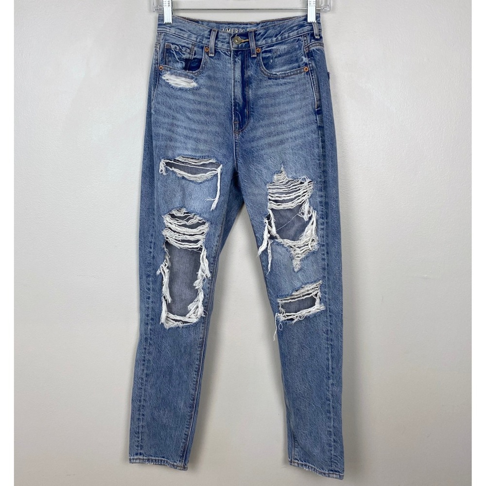 American Eagle‎ Highest Rise Mom Jeans Destroyed Light Wash Slim Leg Size 00